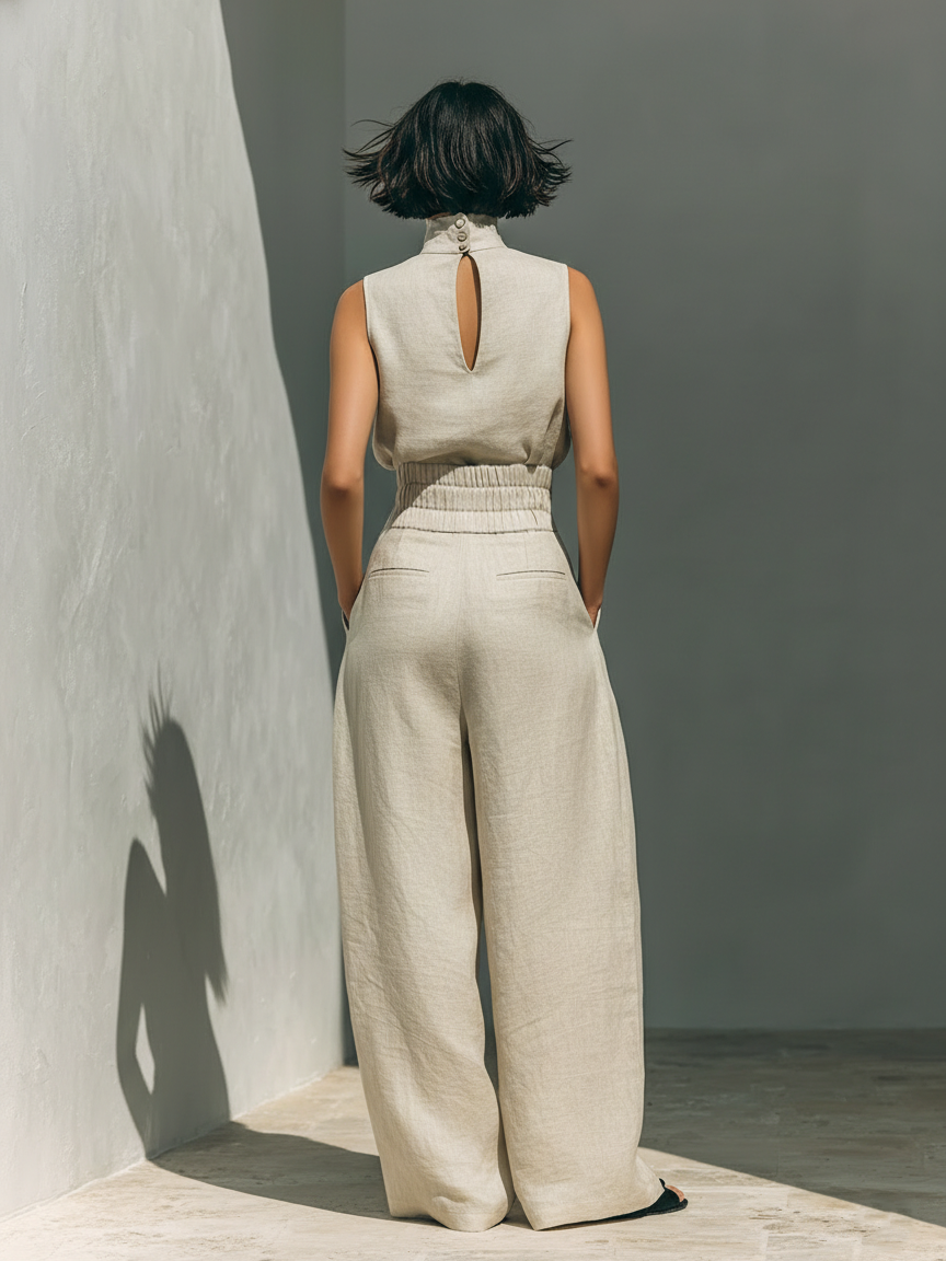 Trendé™ | Set aus ärmelloser Bluse und Hose mit weitem Bein aus einer Baumwoll- und Leinenmischung