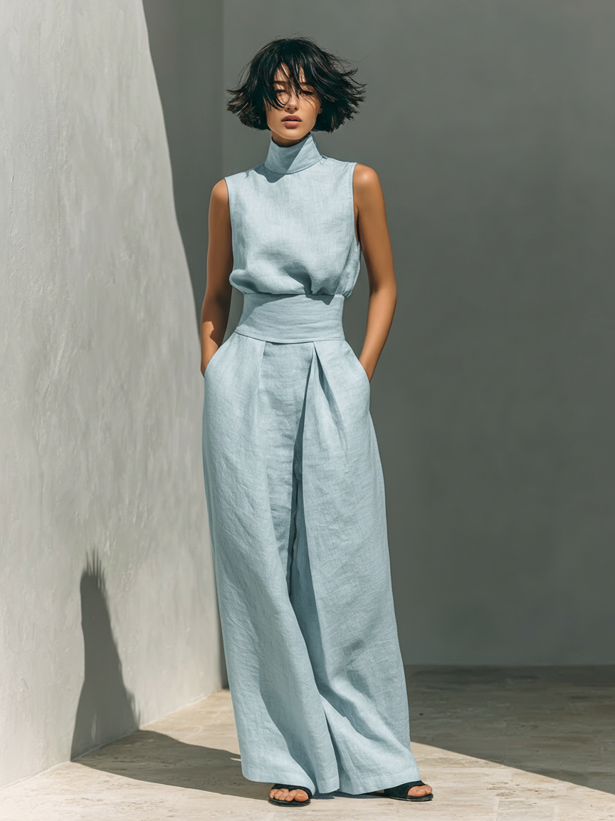 Trendé™ | Set aus ärmelloser Bluse und Hose mit weitem Bein aus einer Baumwoll- und Leinenmischung