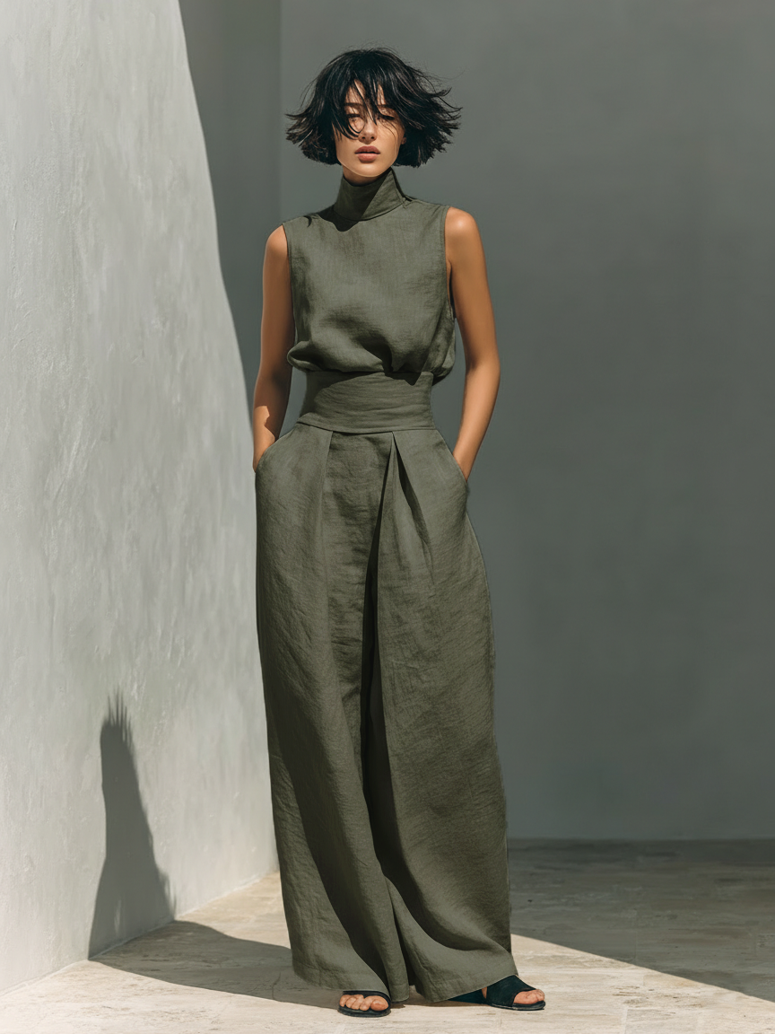 Trendé™ | Set aus ärmelloser Bluse und Hose mit weitem Bein aus einer Baumwoll- und Leinenmischung
