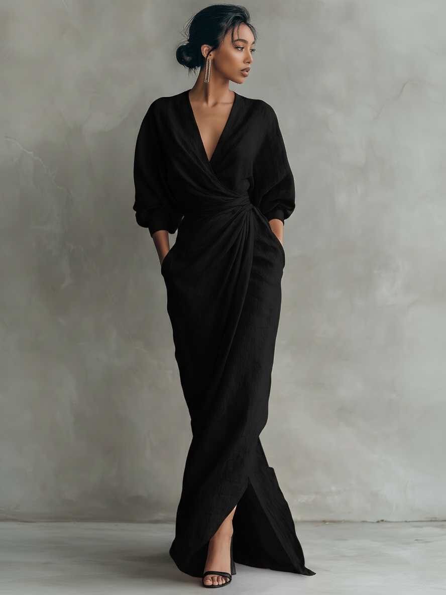Trendé™ | Elina Leinenmix-Maxikleid mit V-Ausschnitt und minimalistischem Stil