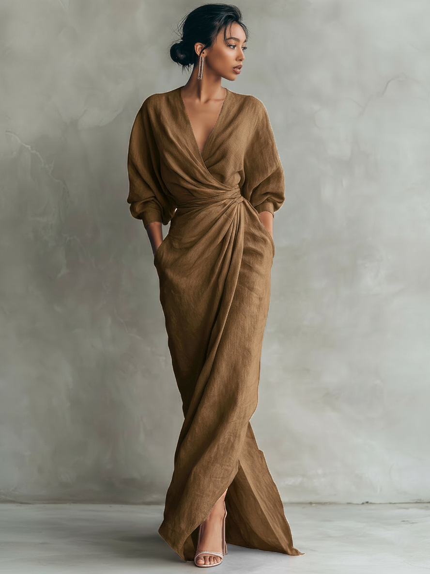 Trendé™ | Elina Leinenmix-Maxikleid mit V-Ausschnitt und minimalistischem Stil