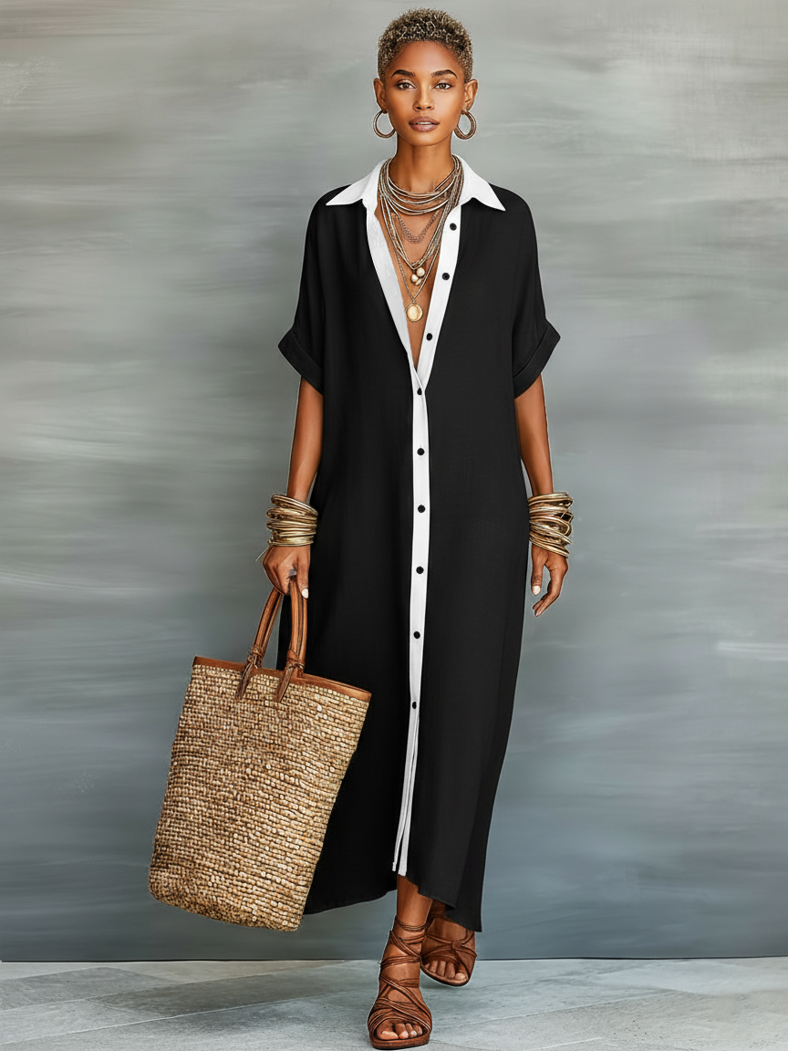 Trendé™ | Aurora Leinenmix-Maxikleid mit kurzen Ärmeln und minimalistischem Stil