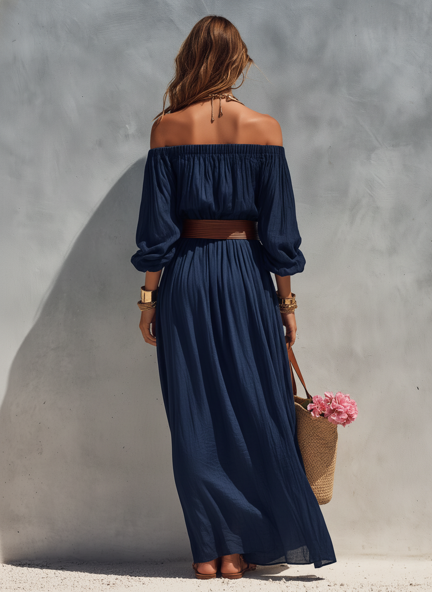 Trendé™ | Viana Baumwoll-Leinen-Kleid mit schulterfreiem Schnitt und langen Ärmeln
