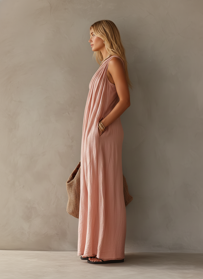 Trendé™ | Novalie Baumwoll-Leinen-Maxikleid mit One-Shoulder-Design und ärmellosem Schnitt