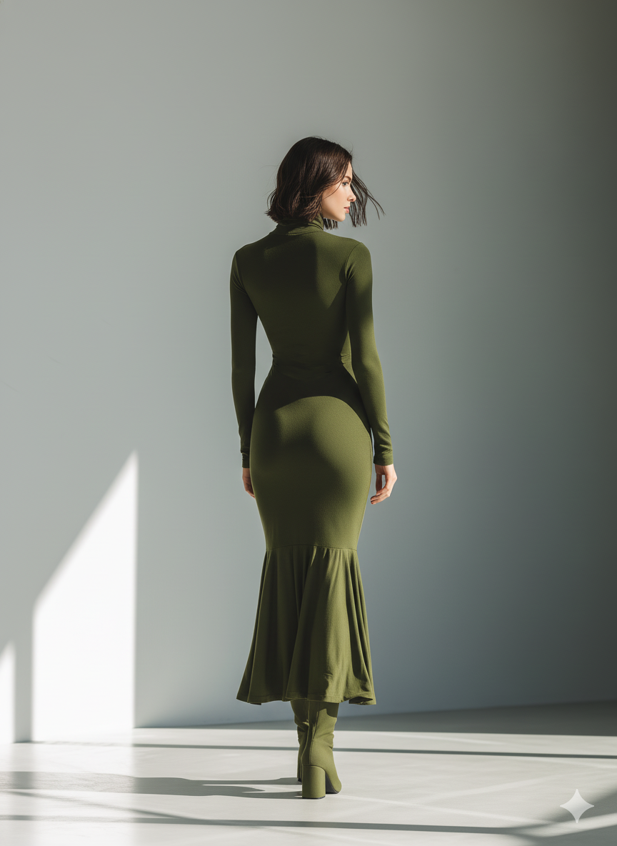 Trendé™ | Vivienne Strick-Maxikleid mit hohem Kragen und Plisseefalten