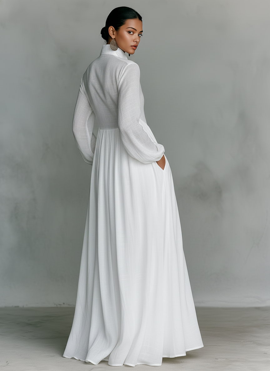 Trendé™ | Ariella Baumwoll-Leinen-Maxikleid mit langen Ärmeln und Knopfleiste