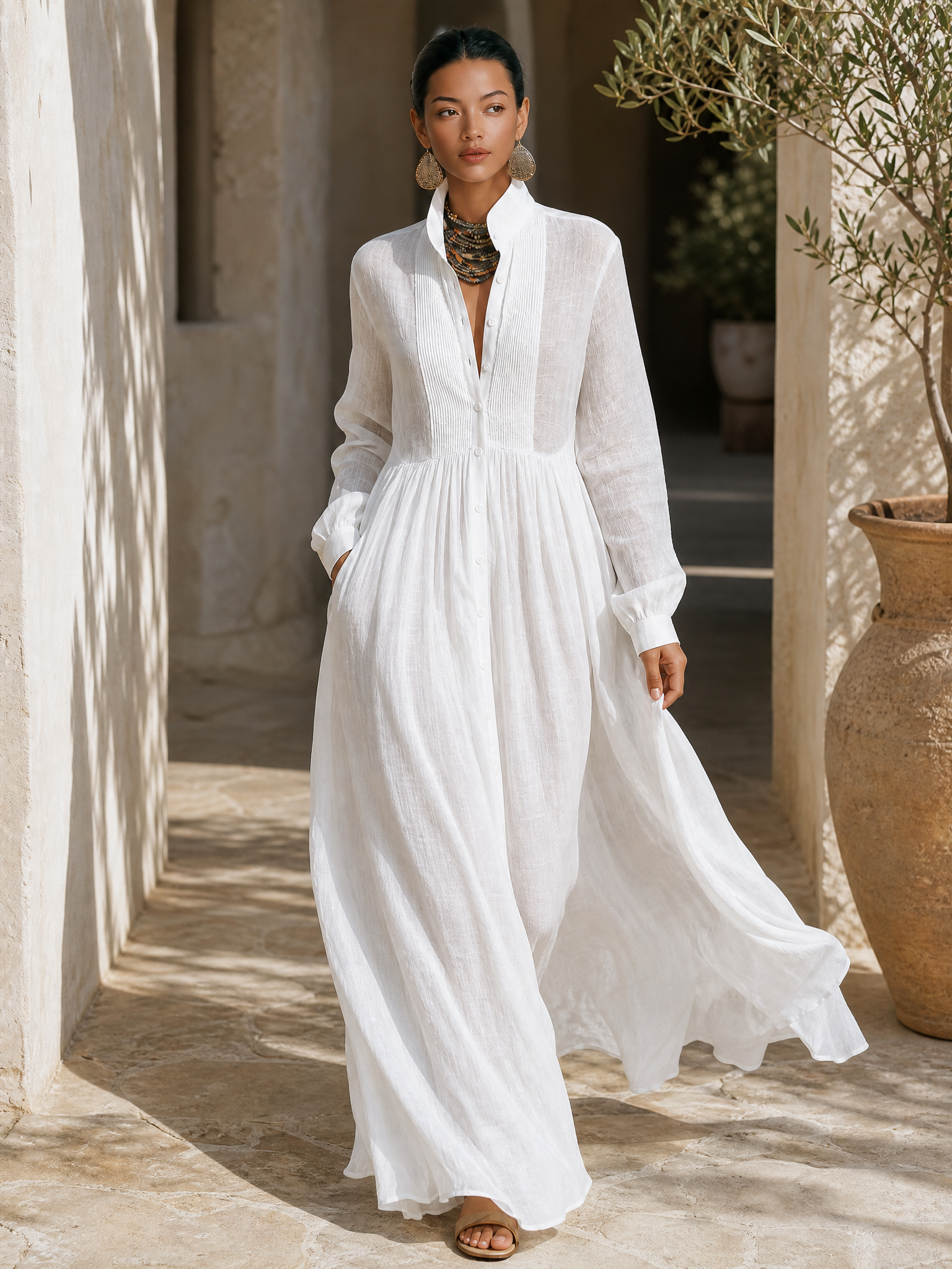 Trendé™ | Ariella Baumwoll-Leinen-Maxikleid mit langen Ärmeln und Knopfleiste