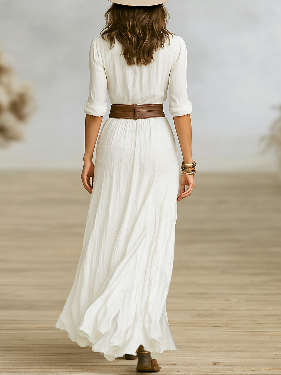 Trendé™ | Livia Baumwoll-Leinen-Maxikleid mit langen Ärmeln und Plisseefalten