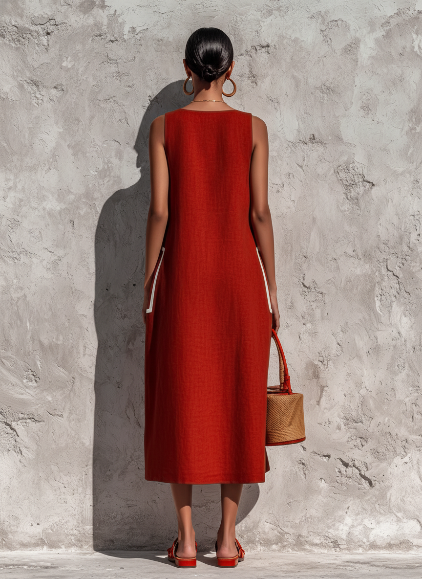 Trendé™ | Briana Baumwoll-Leinen-Midikleid mit ärmellosem Schnitt und Taschen