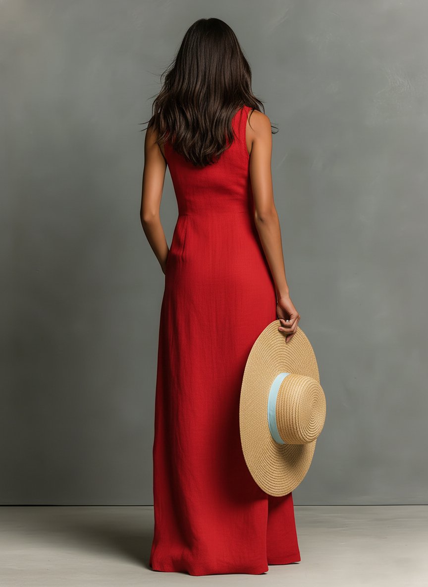 Minimalistisches einreihiges ärmelloses Maxi-Hemdkleid mit Kragen
