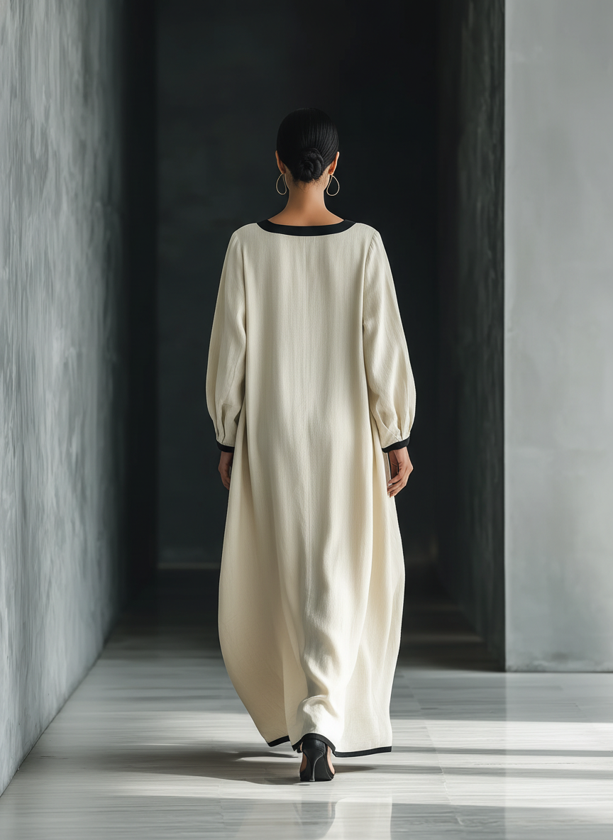 Trendé™ | Rania Baumwoll-Leinen-Maxikleid mit Taschen und Kontrastbesatz