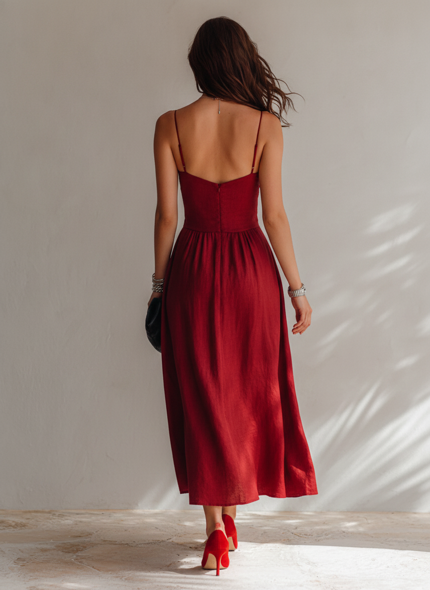 Trendé™ | Winona Leinenmix-Midikleid mit Spaghettiträgern und Raffungen