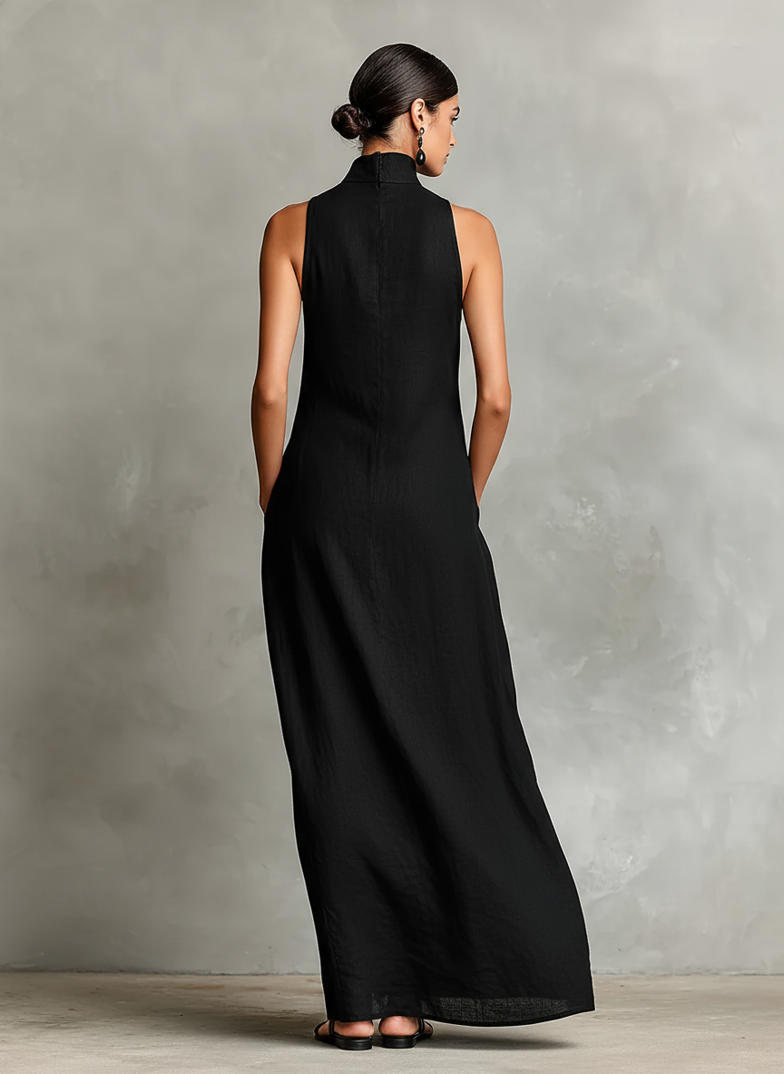 Trendé™ | Daria Leinenmix-Maxikleid mit hohem Kragen und Taschen