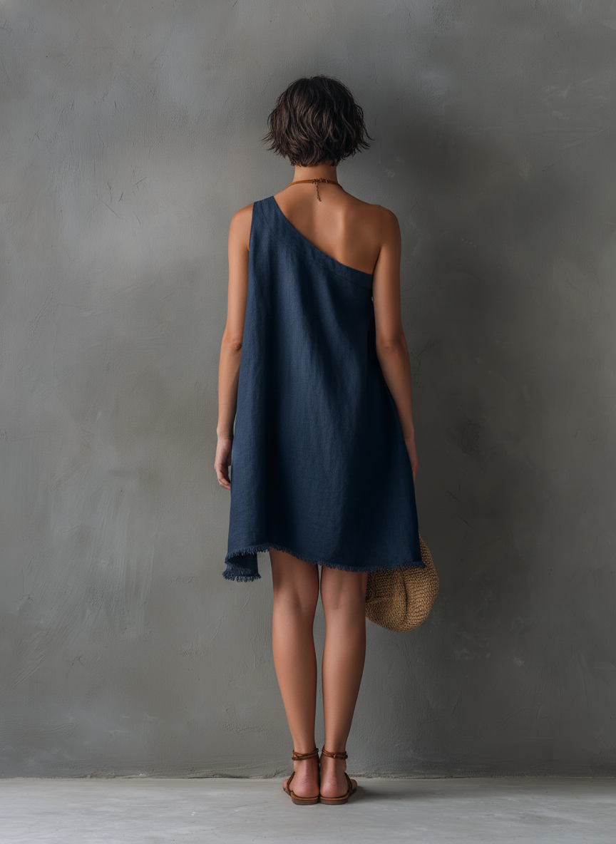 Trendé™ | Zita Leinenmix-Minikleid mit One-Shoulder-Design und ärmellosem Schnitt