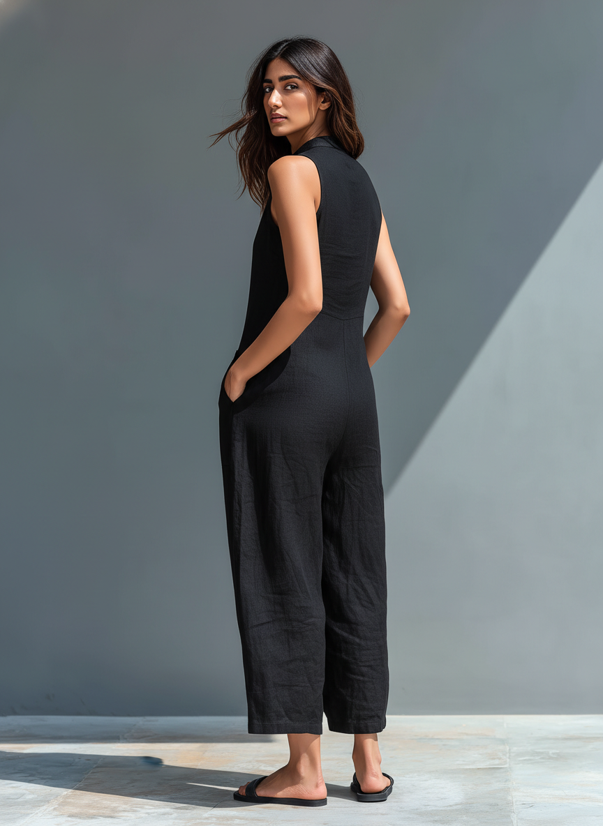 Trendé™ | Livia Ärmelloser Jumpsuit mit hohem Kragen und Knöpfen