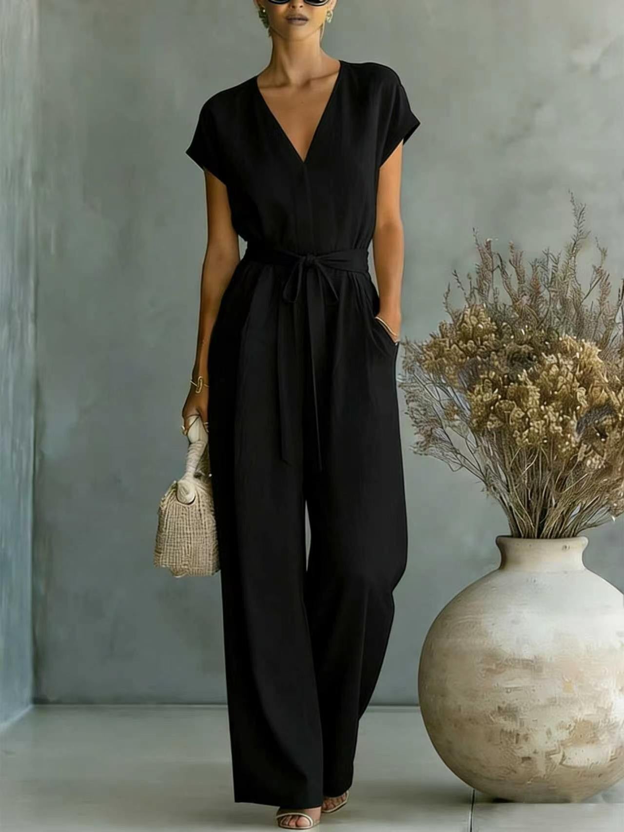 Nadia – Fließender langer Jumpsuit mit Gürtel