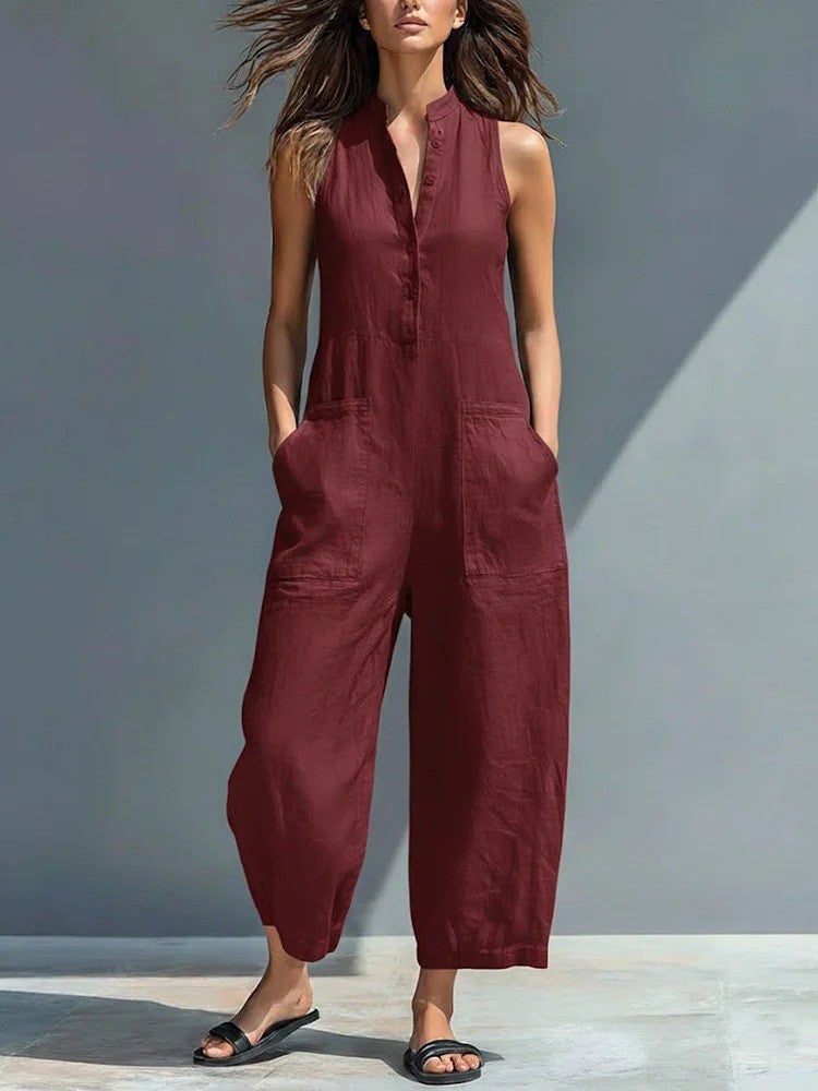 Leinenmischung Button-up Stehkragen ärmelloser Jumpsuit