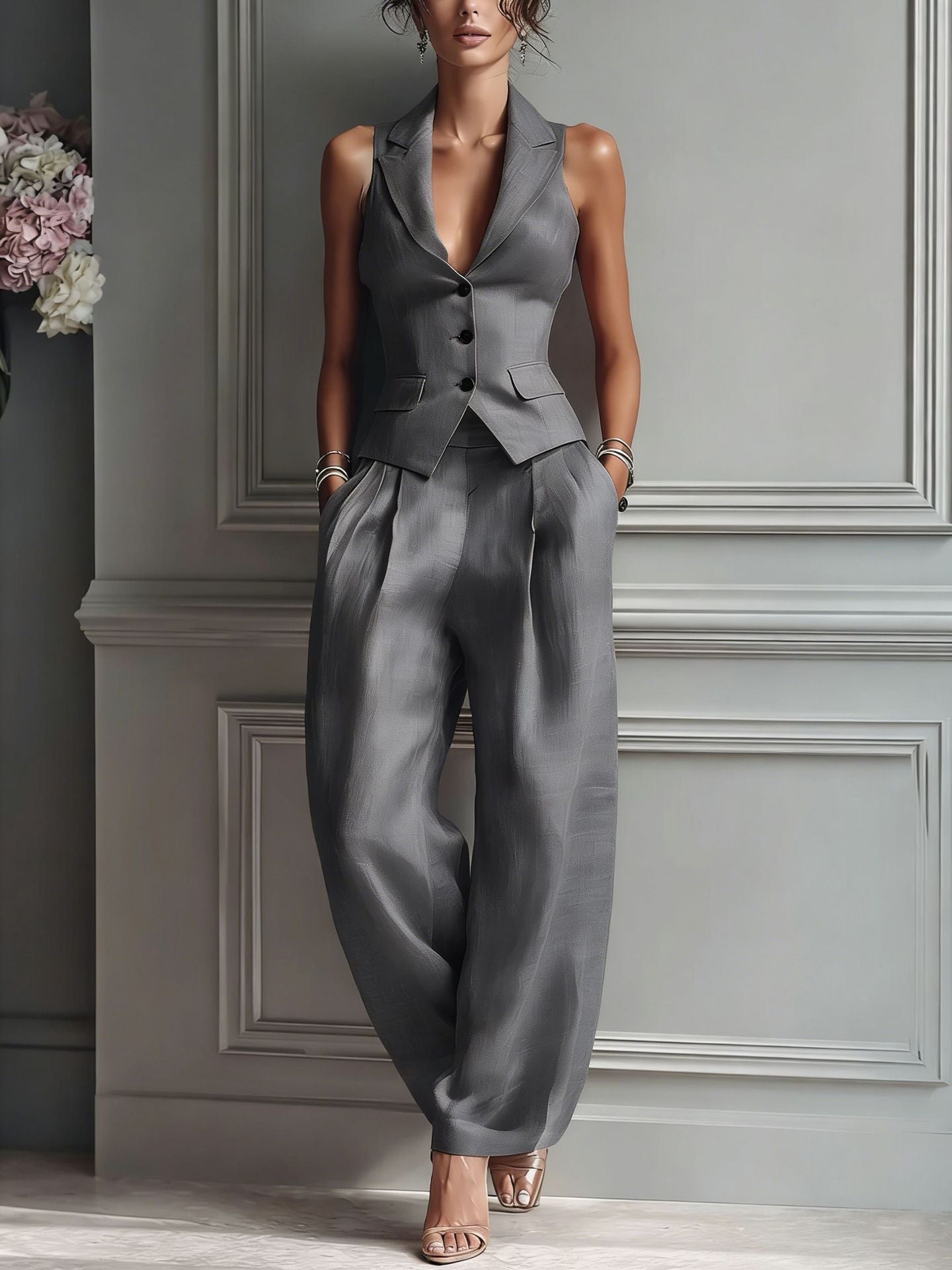 Trendé™ | Zweiteiliges Damen-Set mit V-Ausschnitt und Knöpfen