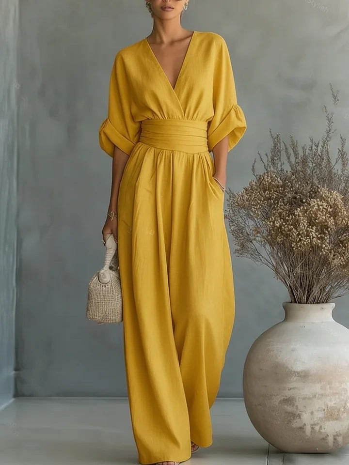 Trendé™ | Romina Boho-Jumpsuit mit weitem Bein und V-Ausschnitt