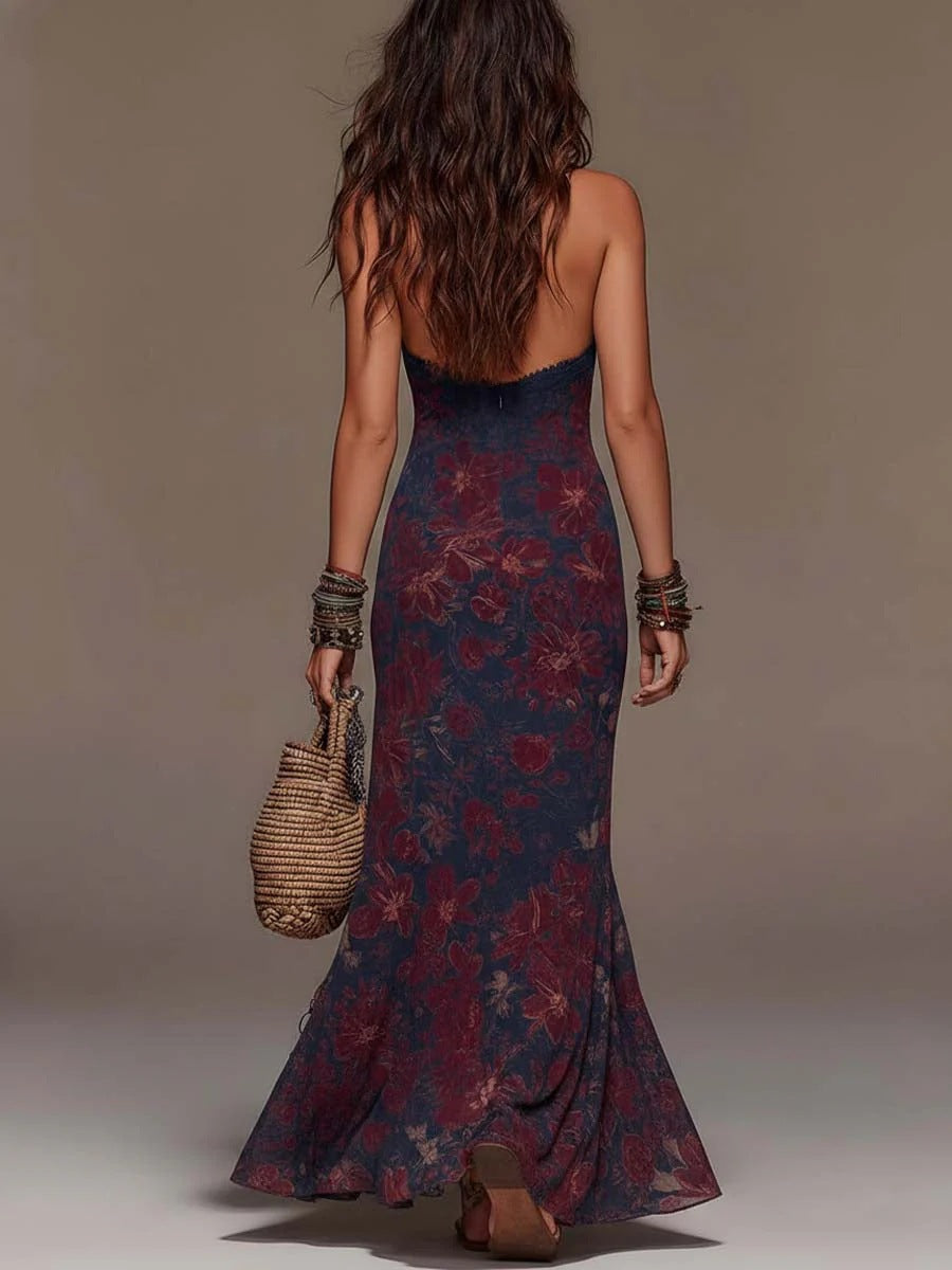 Retro-Langes Kleid mit Neckholder-Ausschnitt