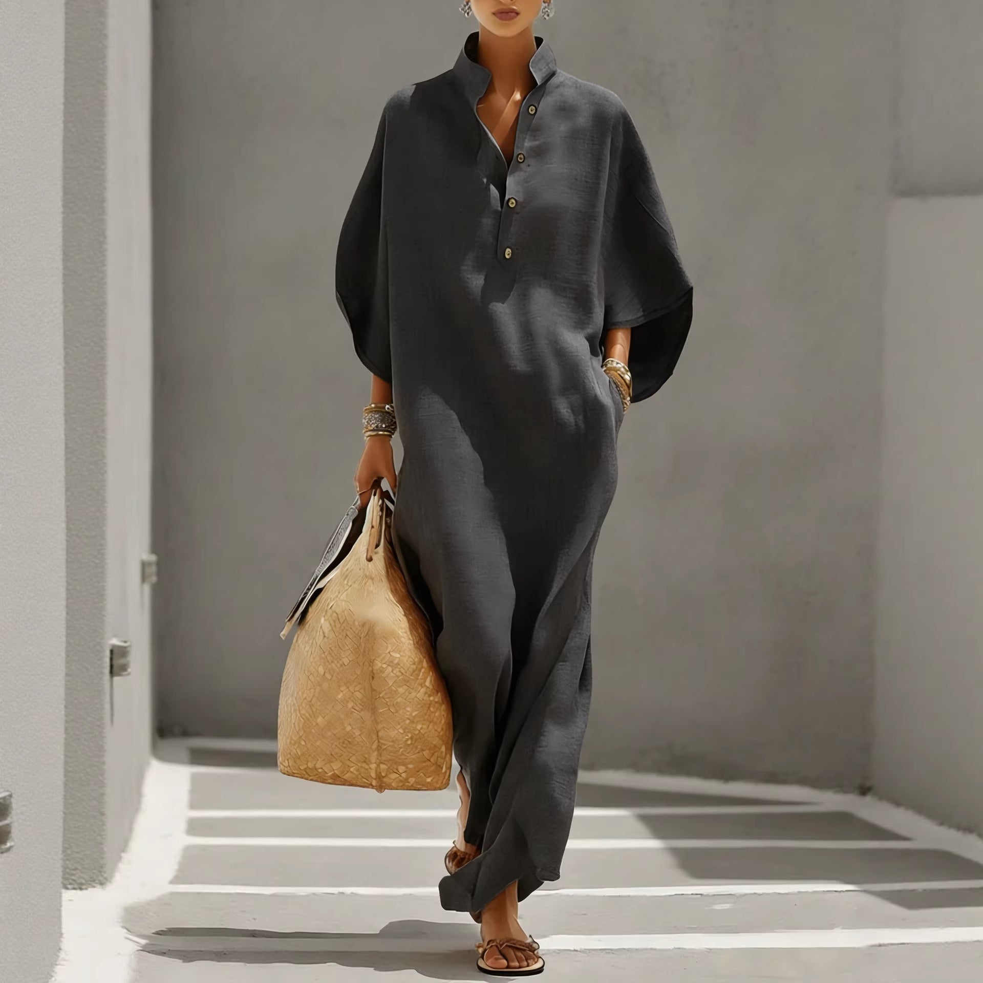 Trendé™ | Sienna Langes Hemdkleid mit Stehkragen und Knopfleiste