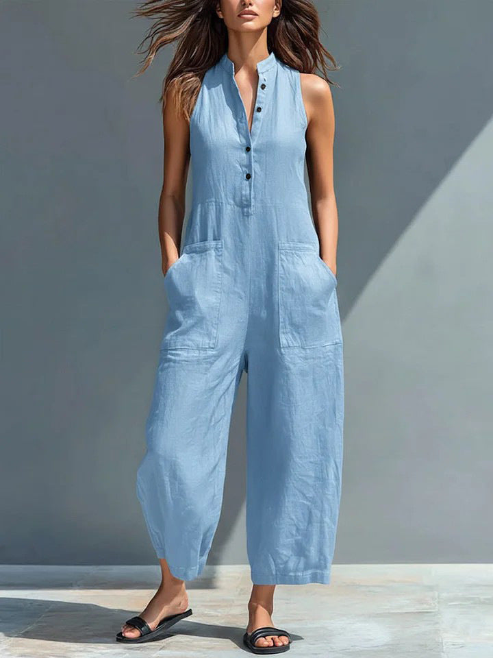 Leinenmischung Button-up Stehkragen ärmelloser Jumpsuit