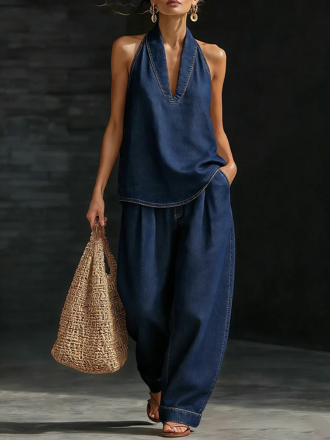 Trendé™ | Denia Zweiteiliges Denim-Set mit Neckholder-Top