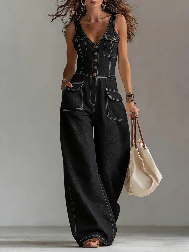 Martina – Ärmelloser Denim-Jumpsuit mit V-Ausschnitt