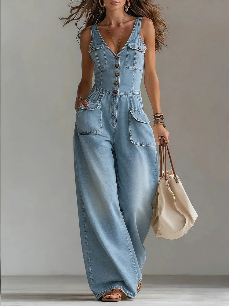 Martina – Ärmelloser Denim-Jumpsuit mit V-Ausschnitt