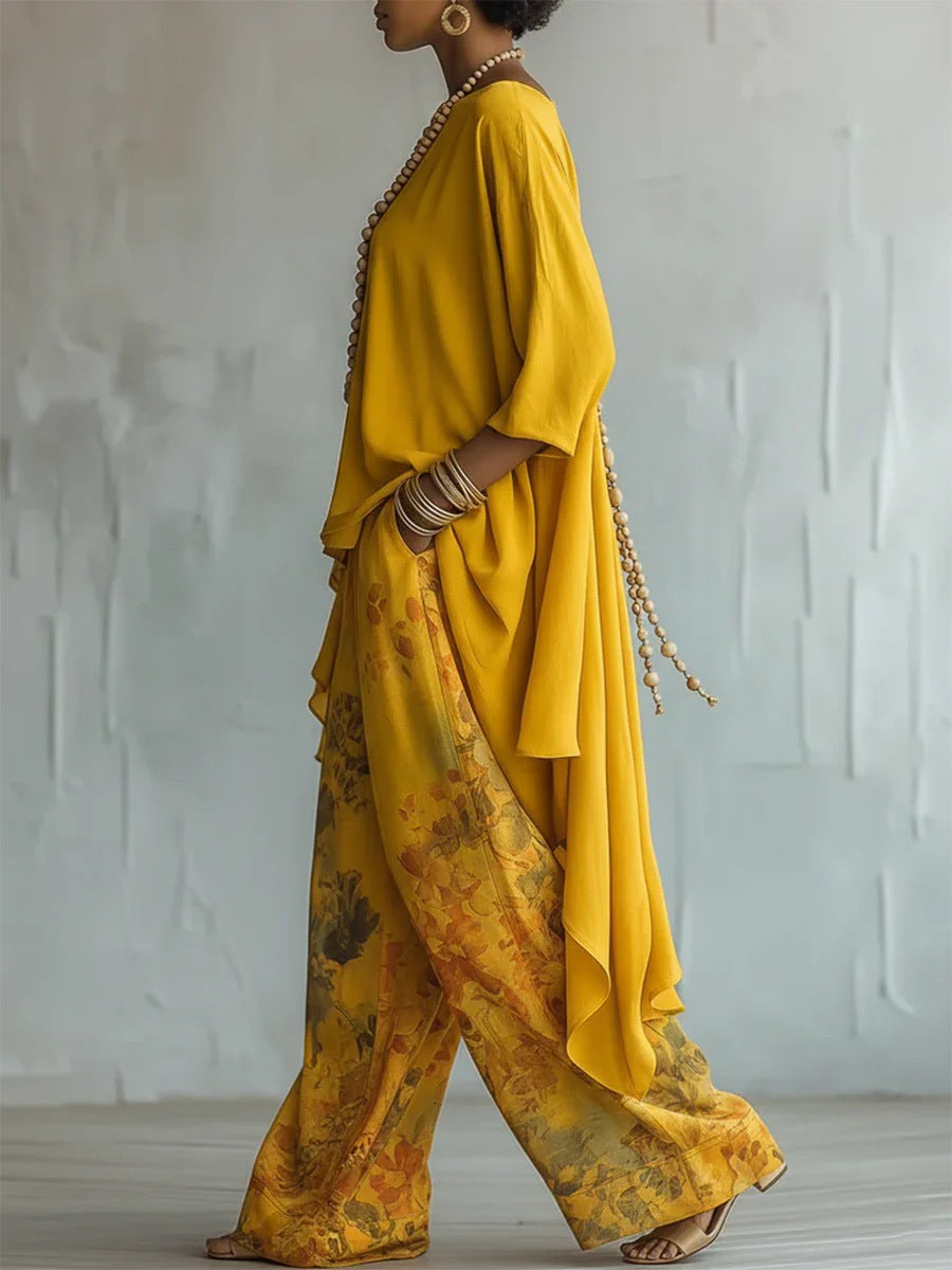 Asymmetrisches Oberteil und Hose mit weitem Bein im Blumenmuster – Set