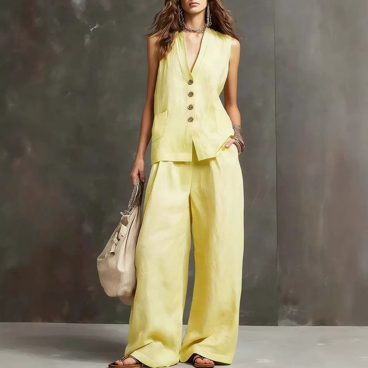 Trendé™ | Alice Baumwoll-Leinen Set mit Weste und weiter Hose