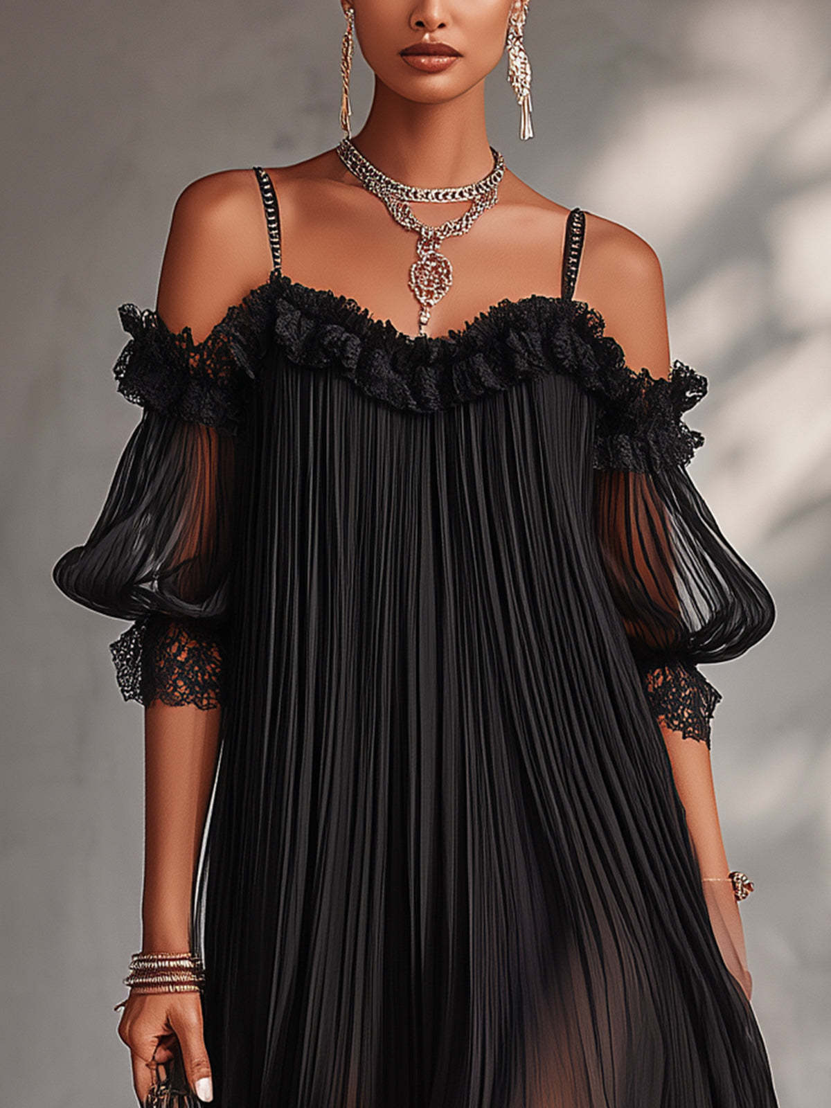 Vittoria | Schwarzes Chiffon-Minikleid mit schulterfreiem Ausschnitt und Spitzenbesatz
