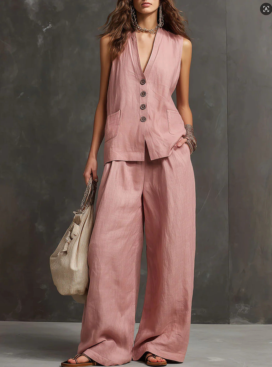 Trendé™ | Alice Baumwoll-Leinen Set mit Weste und weiter Hose