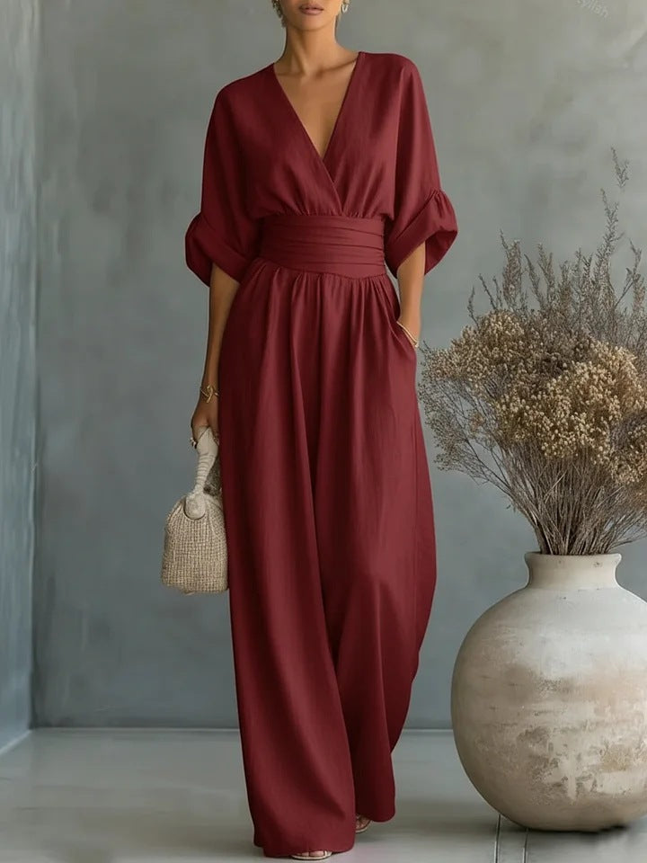 Trendé™ | Romina Boho-Jumpsuit mit weitem Bein und V-Ausschnitt