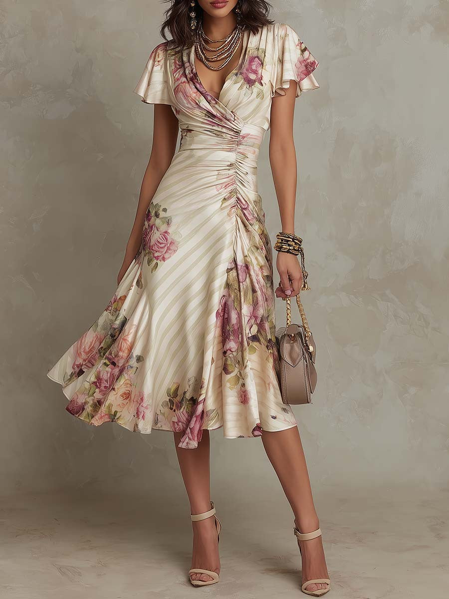 Trendé™ | Florina Retro-inspiriertes Satin-Midikleid mit Blumenmuster