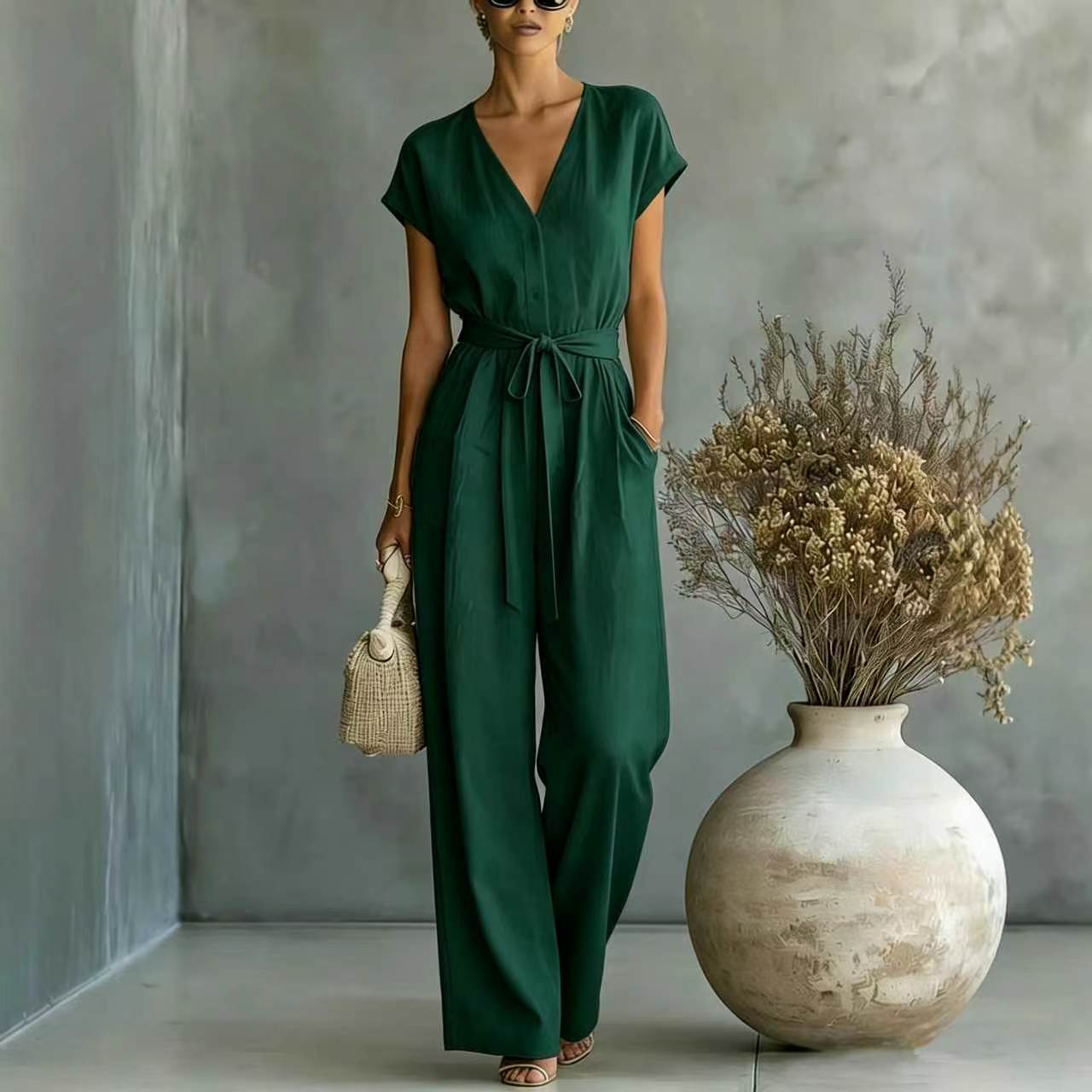 Nadia – Fließender langer Jumpsuit mit Gürtel