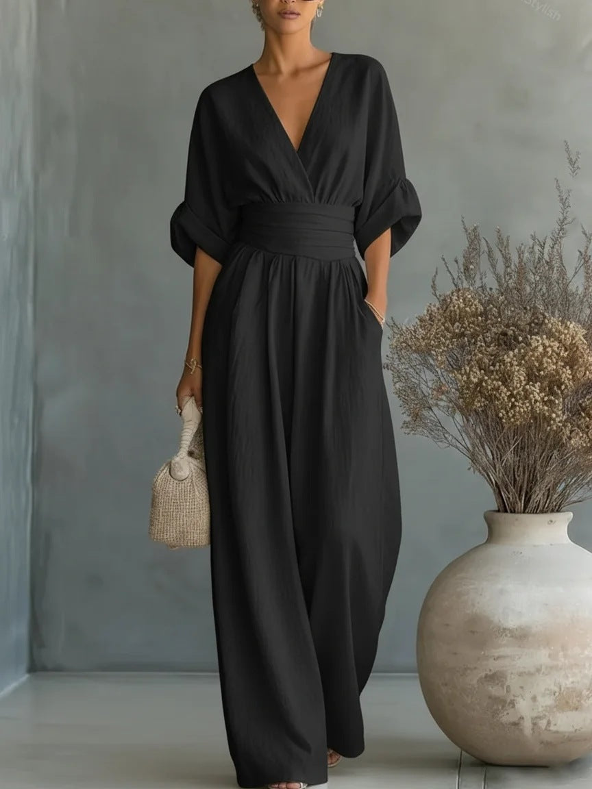 Trendé™ | Romina Boho-Jumpsuit mit weitem Bein und V-Ausschnitt