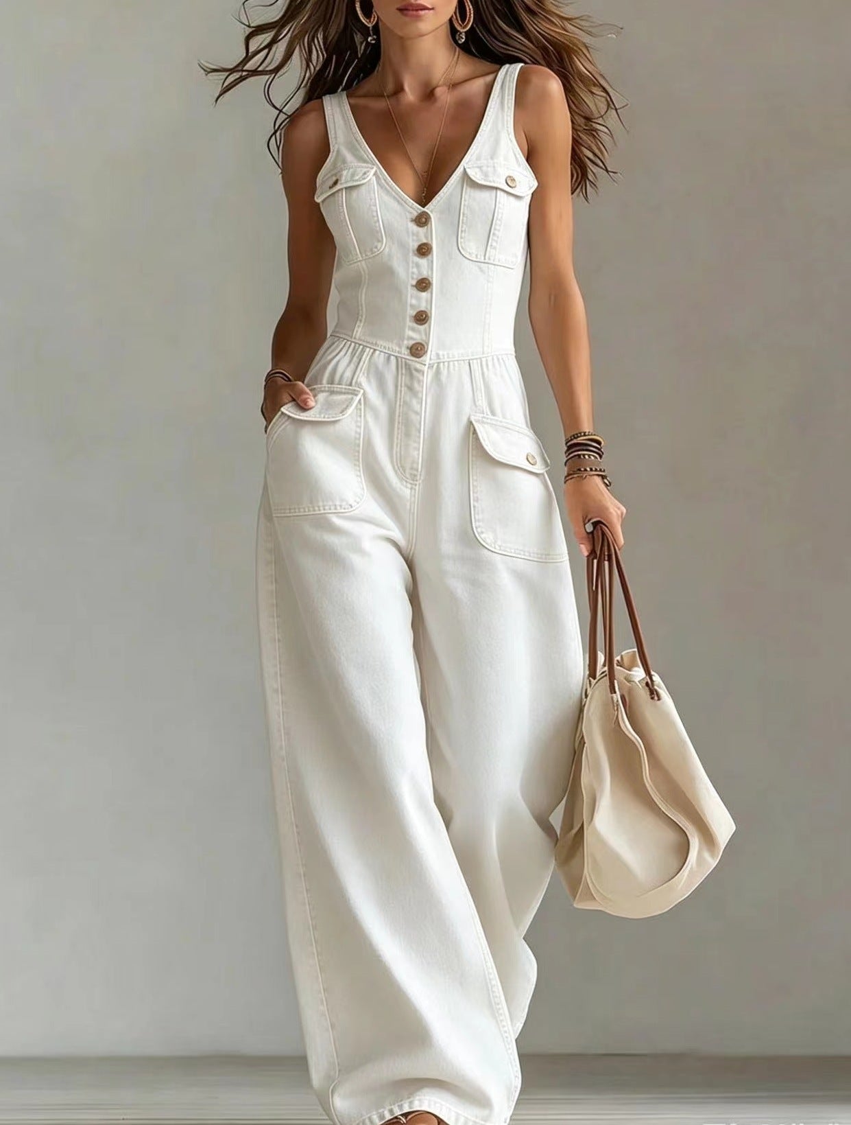 Martina – Ärmelloser Denim-Jumpsuit mit V-Ausschnitt