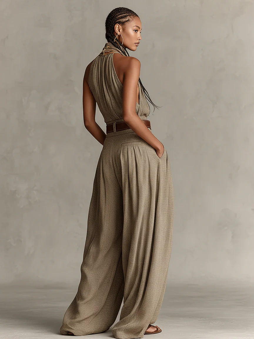 Trendé™ | Caterina Taupefarbener Boho-Jumpsuit mit weitem Bein