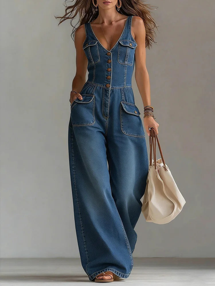 Martina – Ärmelloser Denim-Jumpsuit mit V-Ausschnitt