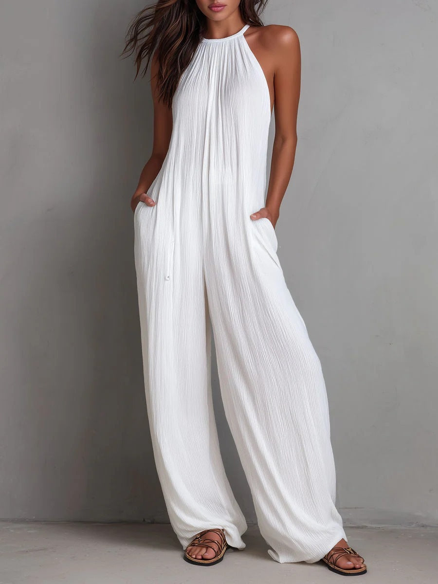 Rückenfreier Plissee-Jumpsuit im Resort-Stil mit weitem Bein
