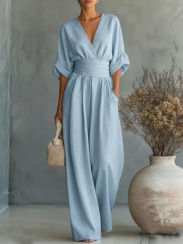 Trendé™ | Romina Boho-Jumpsuit mit weitem Bein und V-Ausschnitt