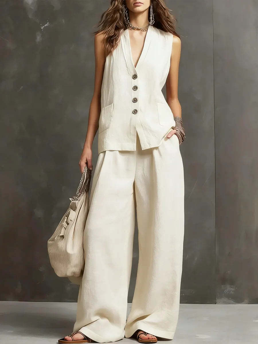 Trendé™ | Alice Baumwoll-Leinen Set mit Weste und weiter Hose