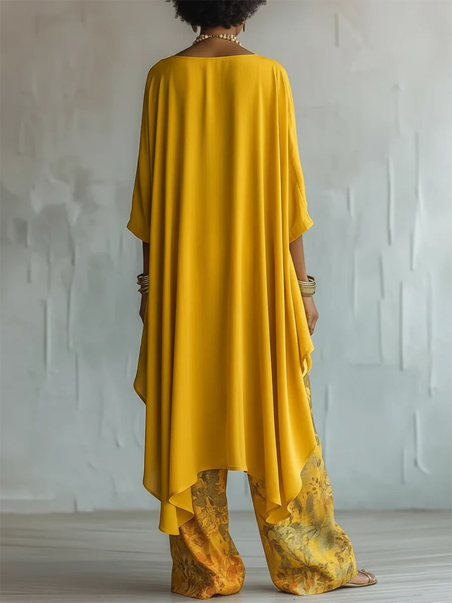 Asymmetrisches Oberteil und Hose mit weitem Bein im Blumenmuster – Set
