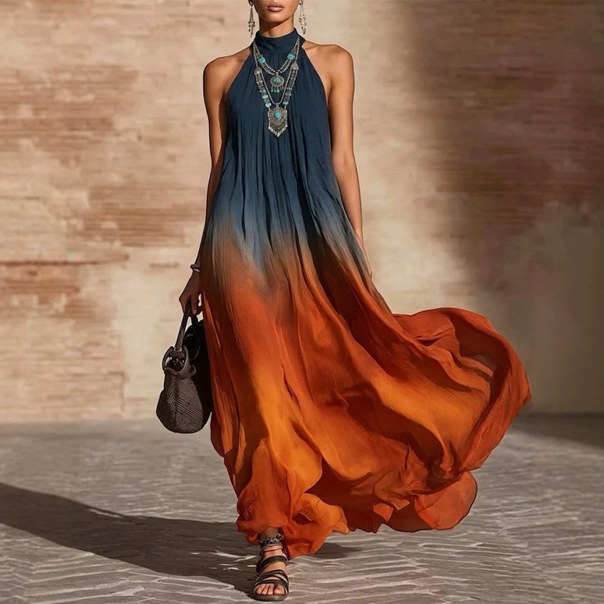 Trendé™ | Paula Ombre-Maxikleid mit Neckholder oder V-Ausschnitt