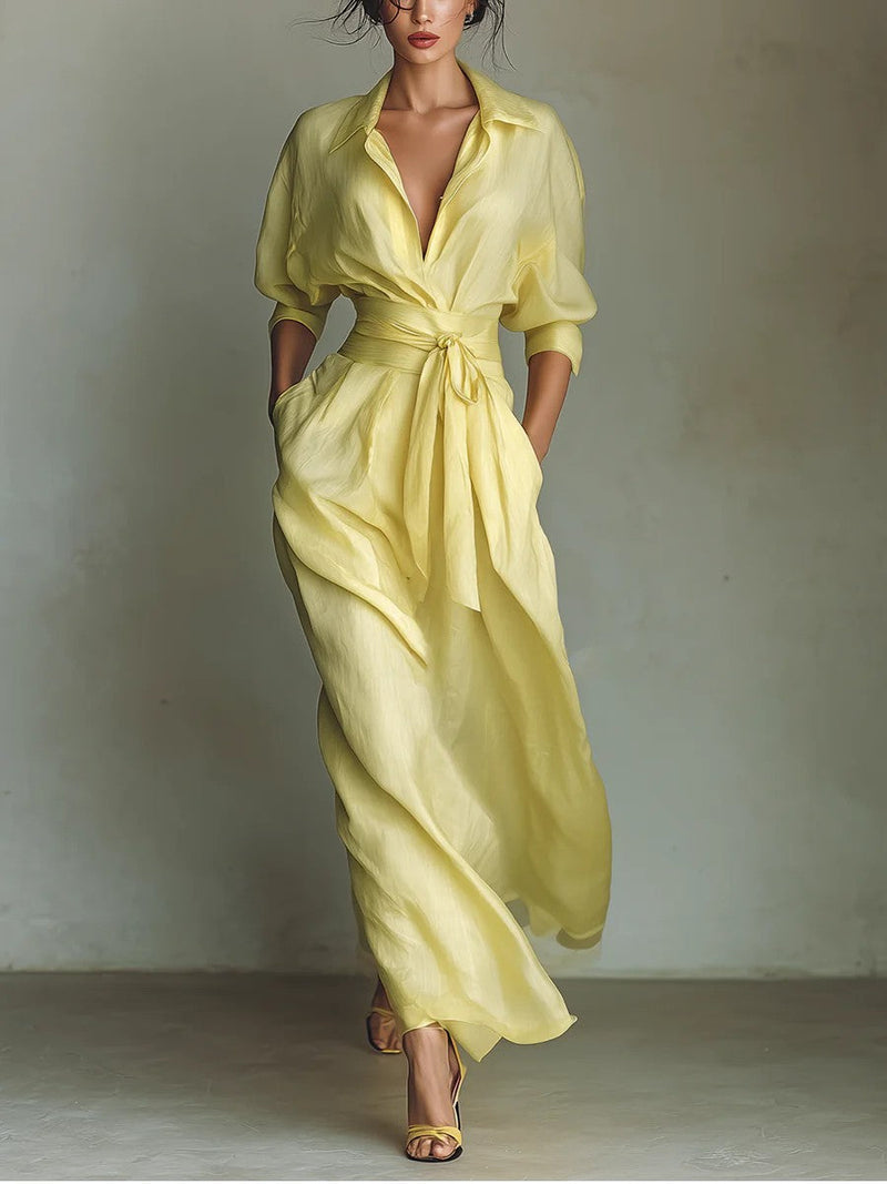 Vittoria | Maxikleid im Hemdblusenstil in Zitronengelb mit Gürtel