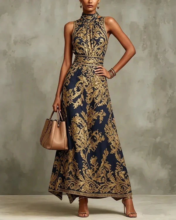 CORNELIA | Langes Glamour-Kleid mit goldenem Barockmuster