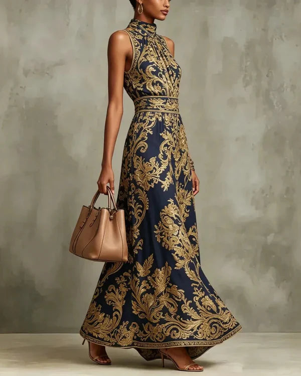 CORNELIA | Langes Glamour-Kleid mit goldenem Barockmuster