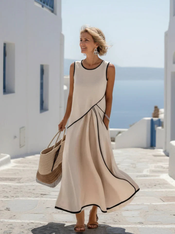 Soleia | Ärmelloses drapiertes Maxikleid mit Rundhalsausschnitt