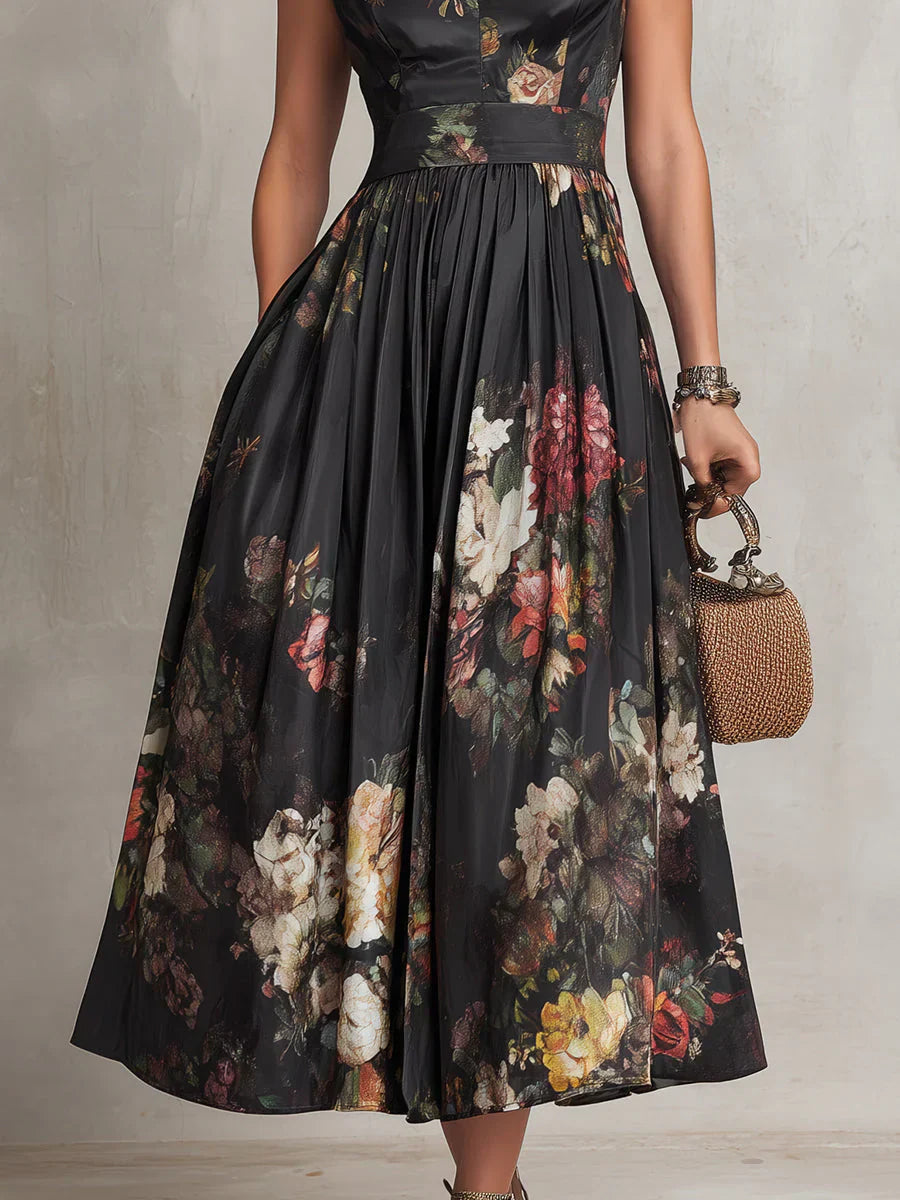 Trendé™ | Nerina Plissiertes Midi-Kleid mit Blumenmuster und hohem Kragen